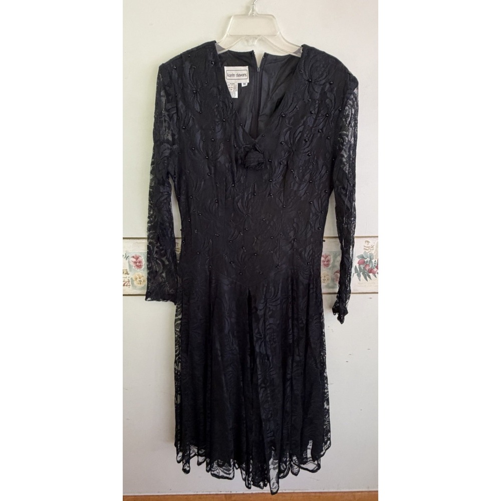 VTG Karin Stevens Black Lace Beaded Midi Dress Sheer Long Sleeve Gothic Romantic